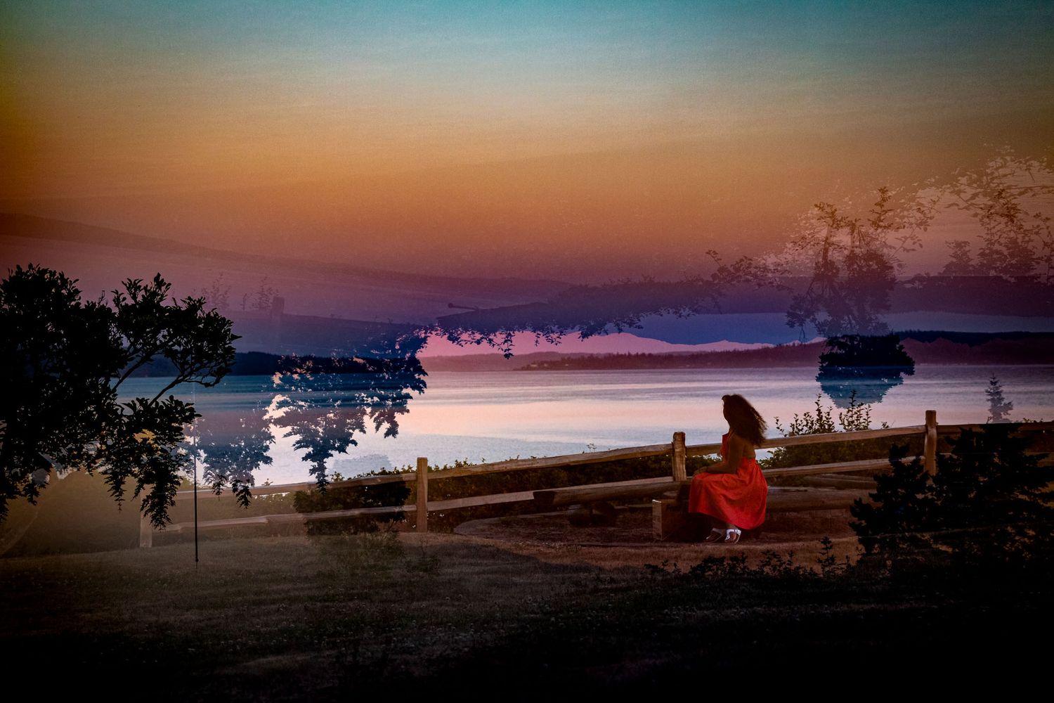 Double exposure of water and mountain views at sunset