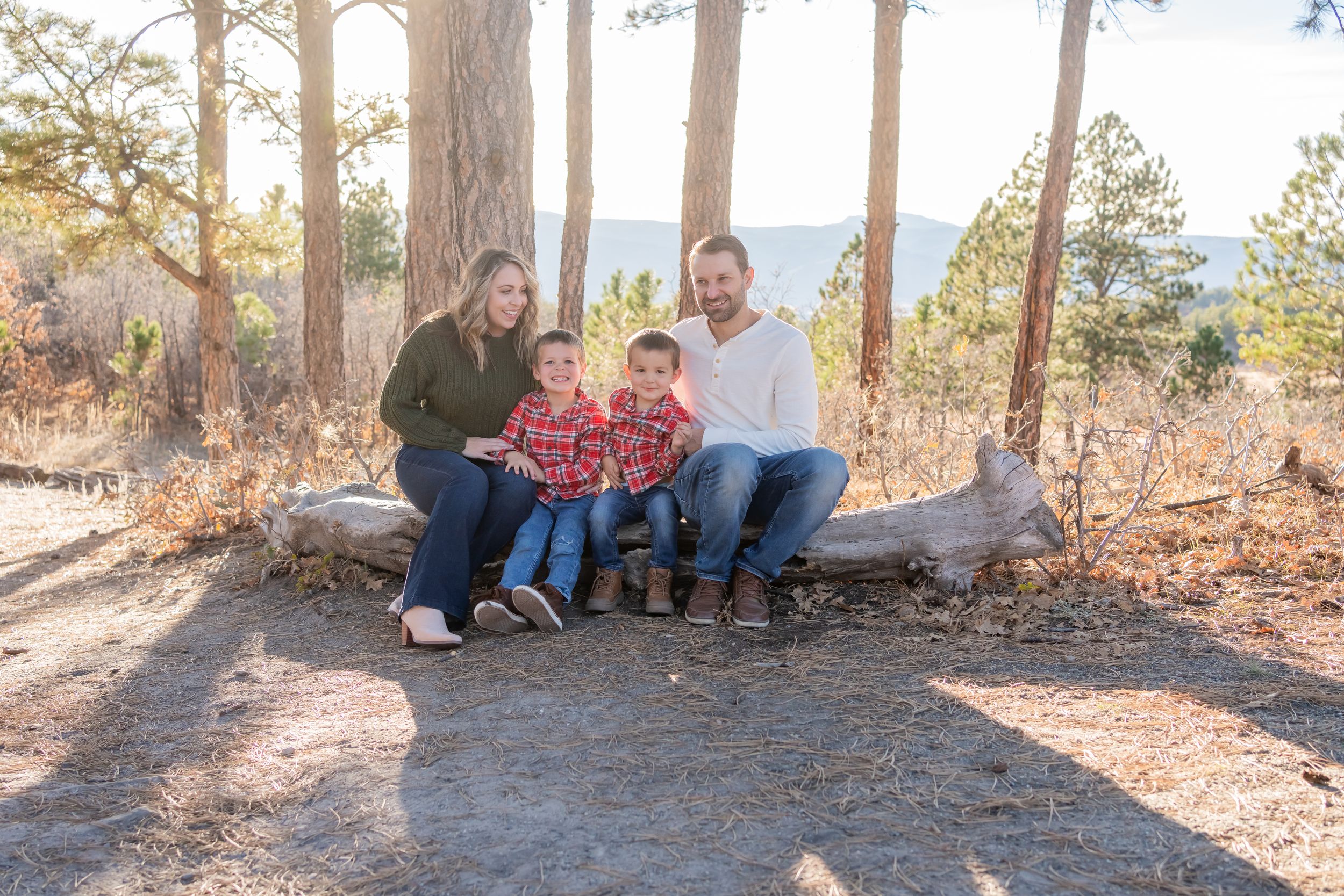 Family portrait on a wooden bench with mountain views and pine trees in the background.