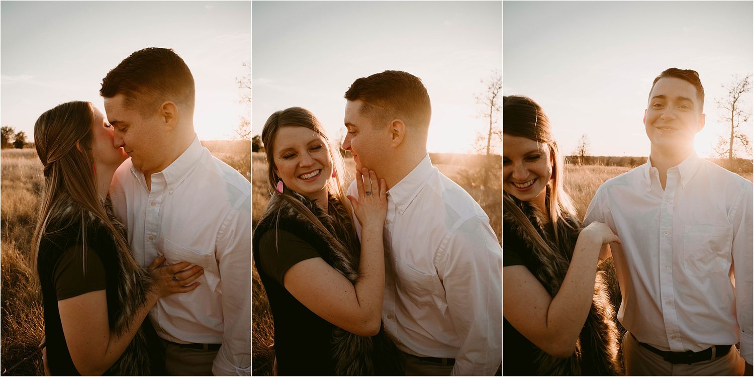 A romantic couple shares intimate moments in a series of sunset photos in a field.
