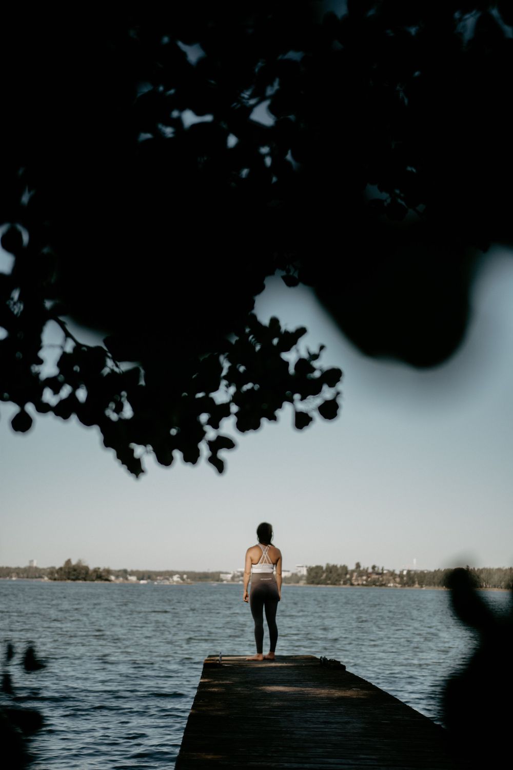 Silhouetted figure standing on dock overlooking lake at dusk.