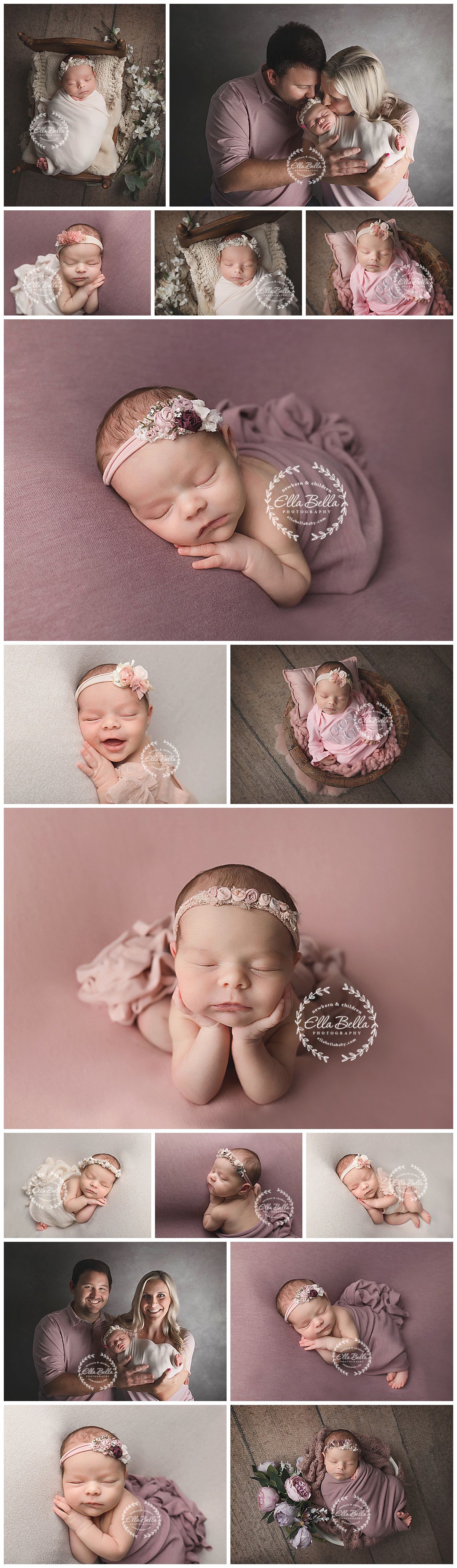 Professional newborn photo session featuring soft pink tones and delicate poses.