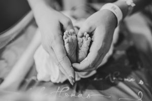 Delicate black and white image of hands cradling a newborn baby.