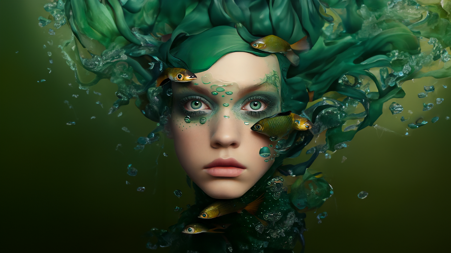 Underwater-inspired fantasy portrait with flowing green seaweed and golden fish.