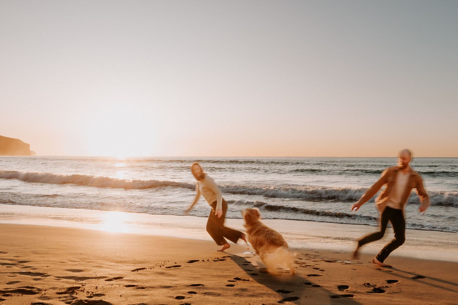 People running and playing with their dog on a beach during a beautiful sunset.