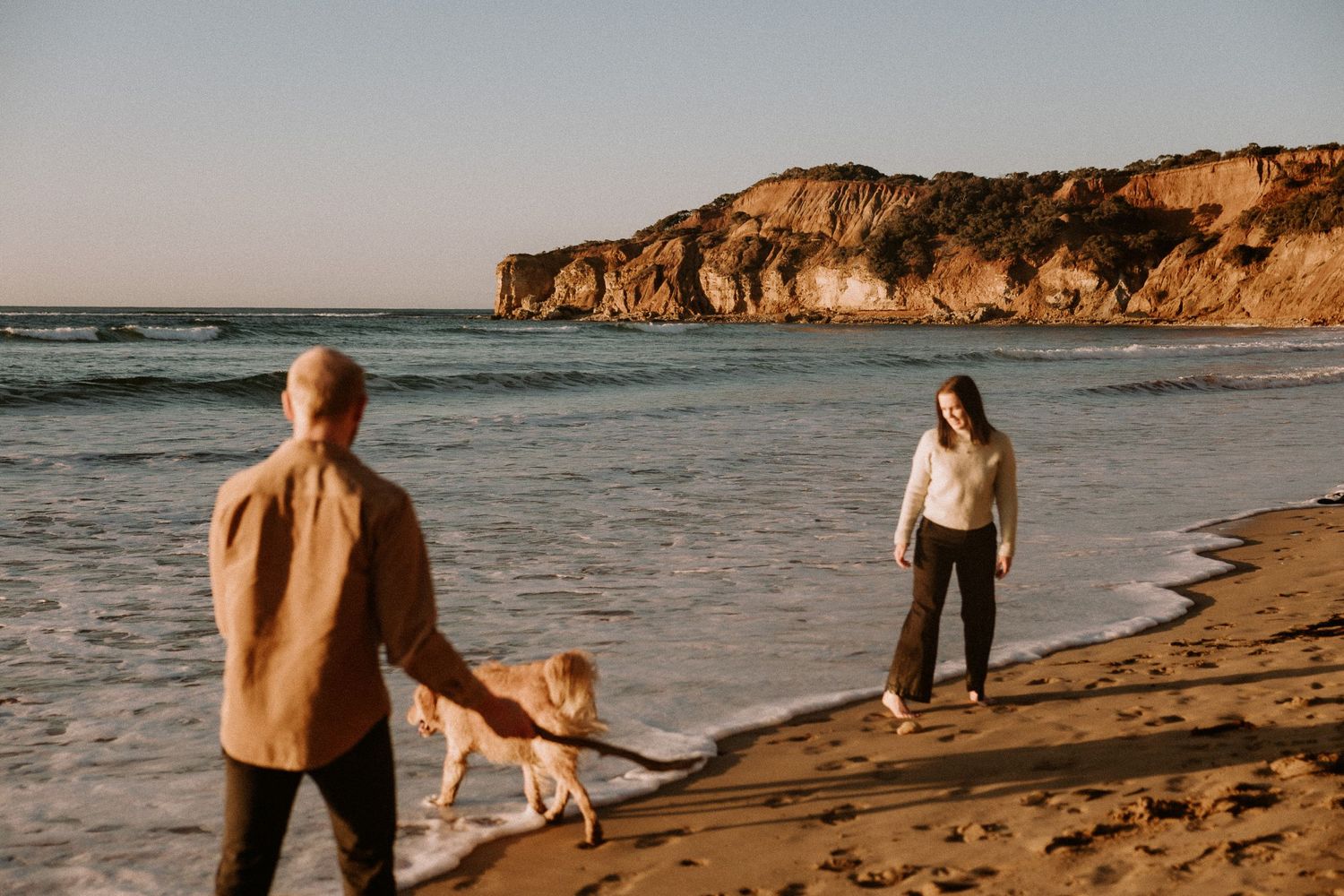 People walking their Golden Retriever along a scenic beach with dramatic cliffs.