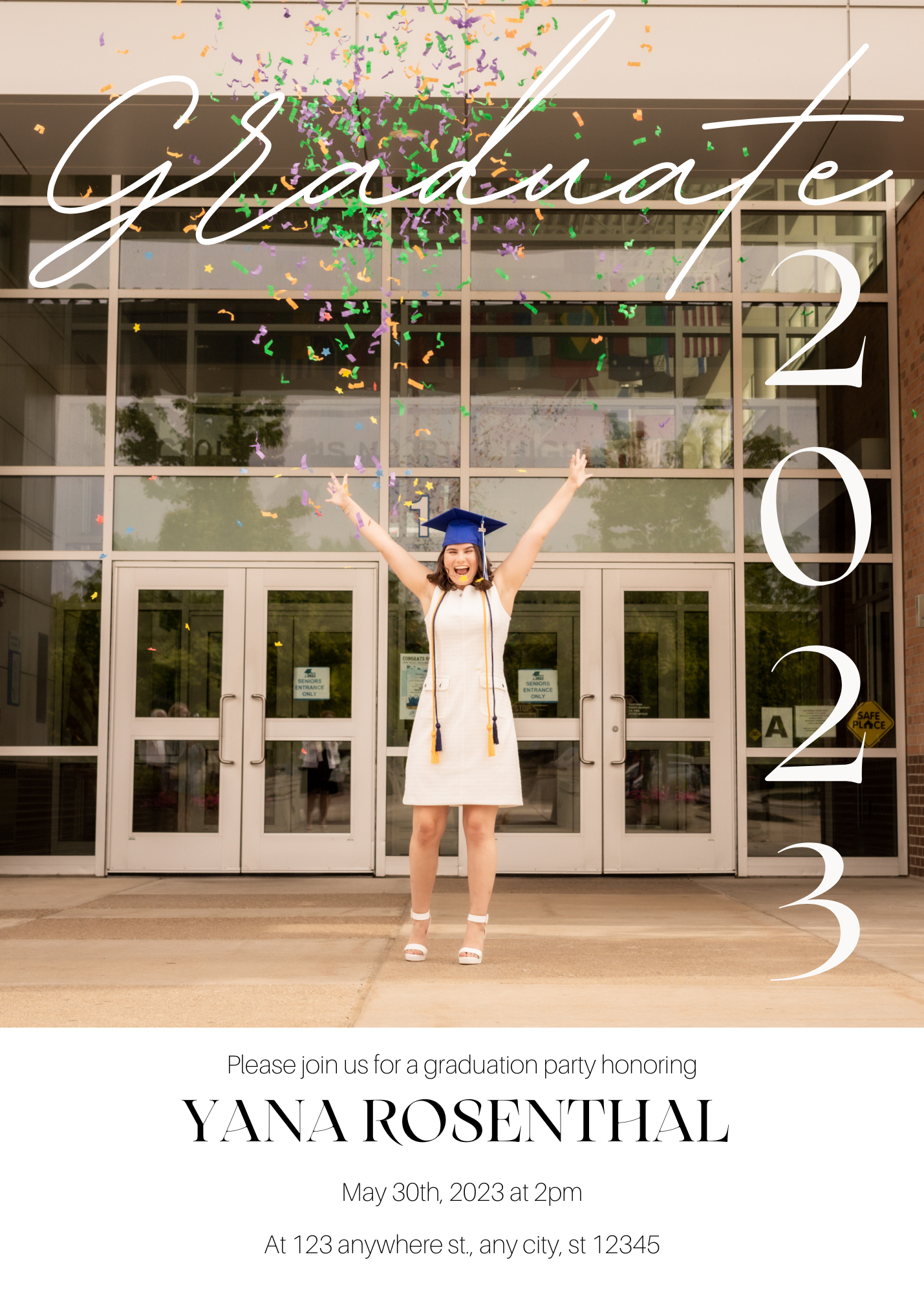 Modern graduation announcement featuring school entrance and celebratory typography in neutral tones.