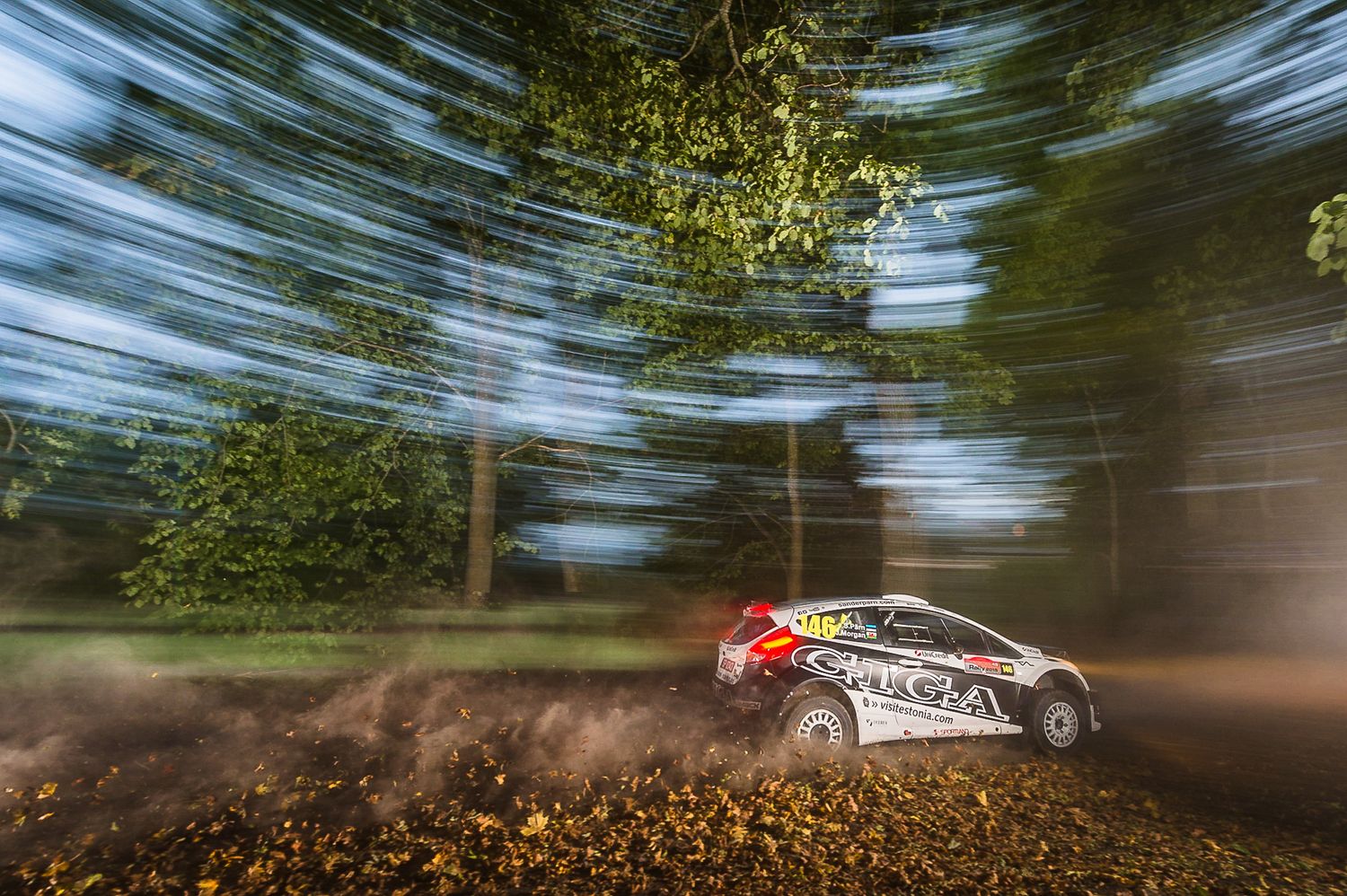 Rally car kicks up dirt and debris while racing through a forested area with motion blur effects.