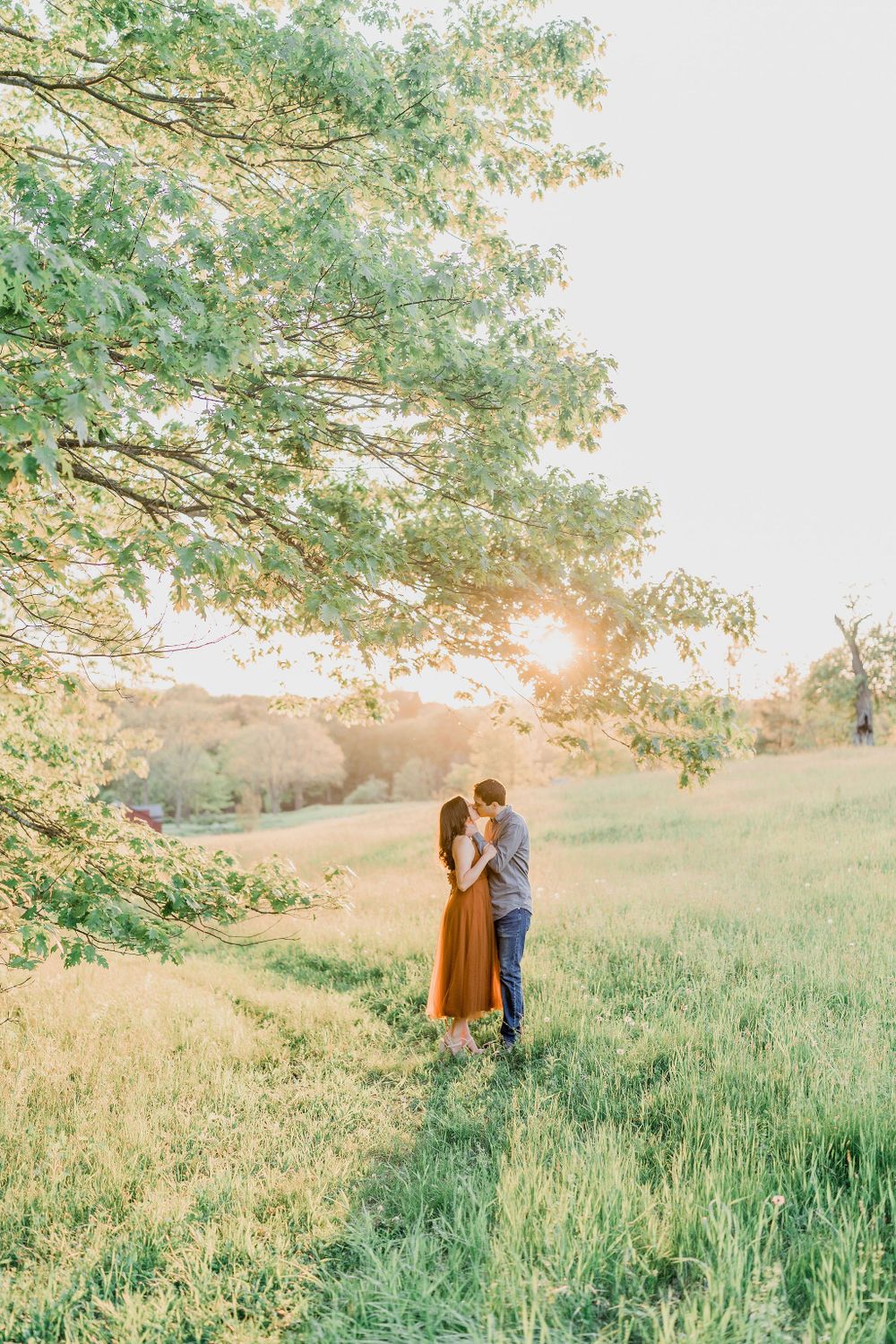 Couple kissing under tree during golden hour at historic hamilton house in Maine