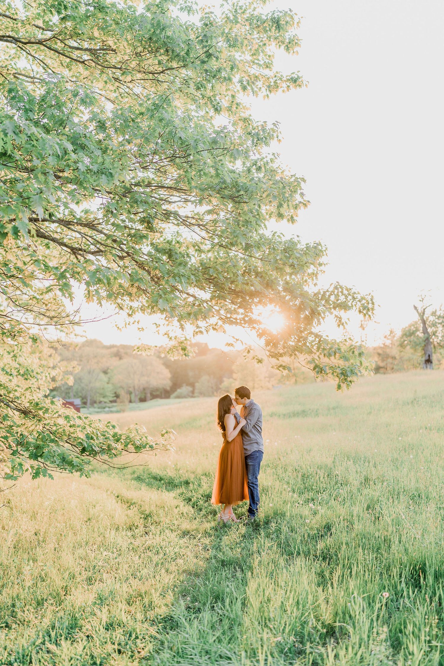 Couple kissing under tree during golden hour at historic hamilton house in Maine