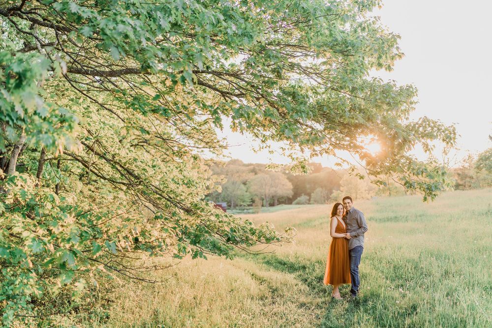 couple embracing under tree during engagement session with Maine wedding photographer