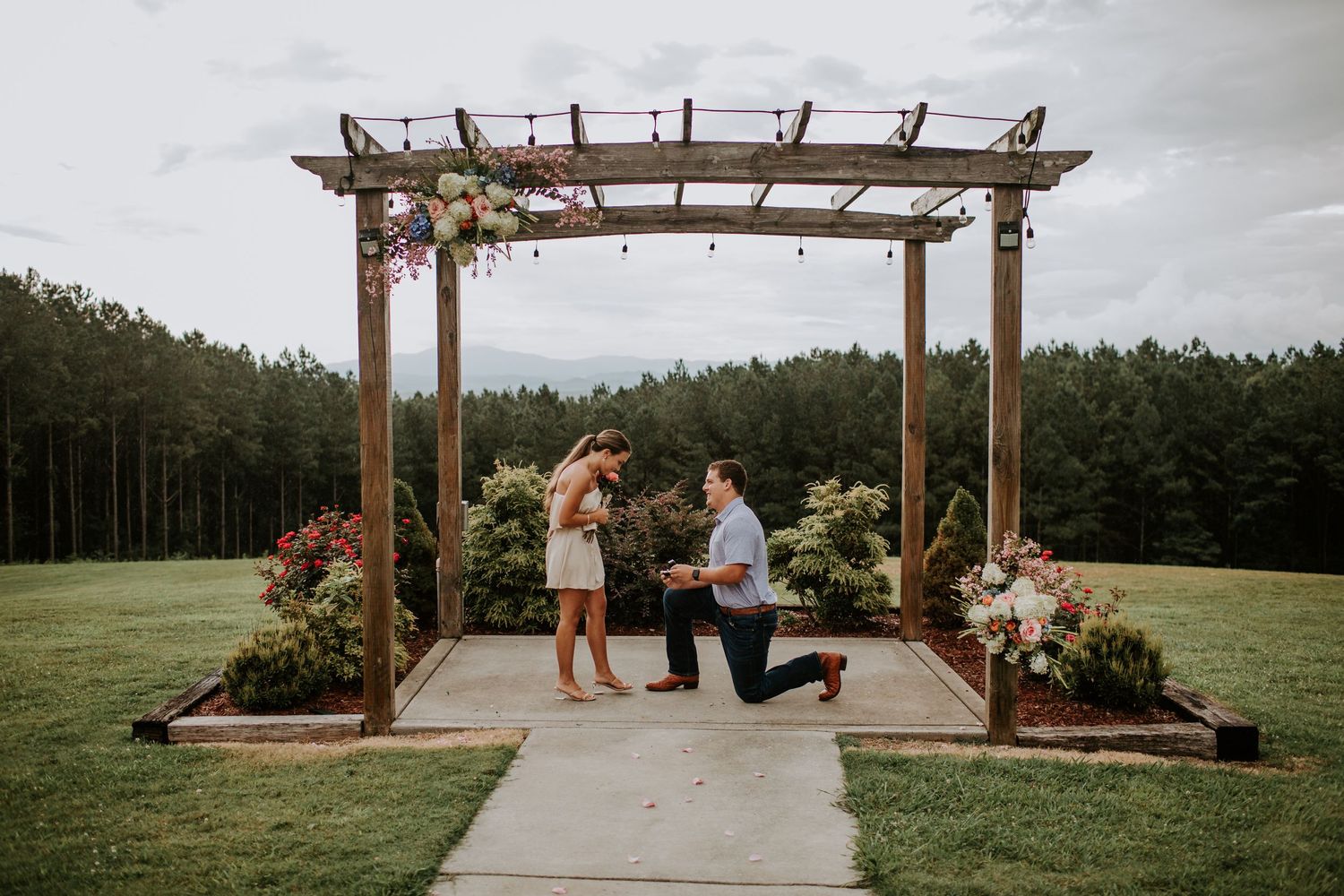 Marriage proposal scene under wooden pergola decorated with flowers.