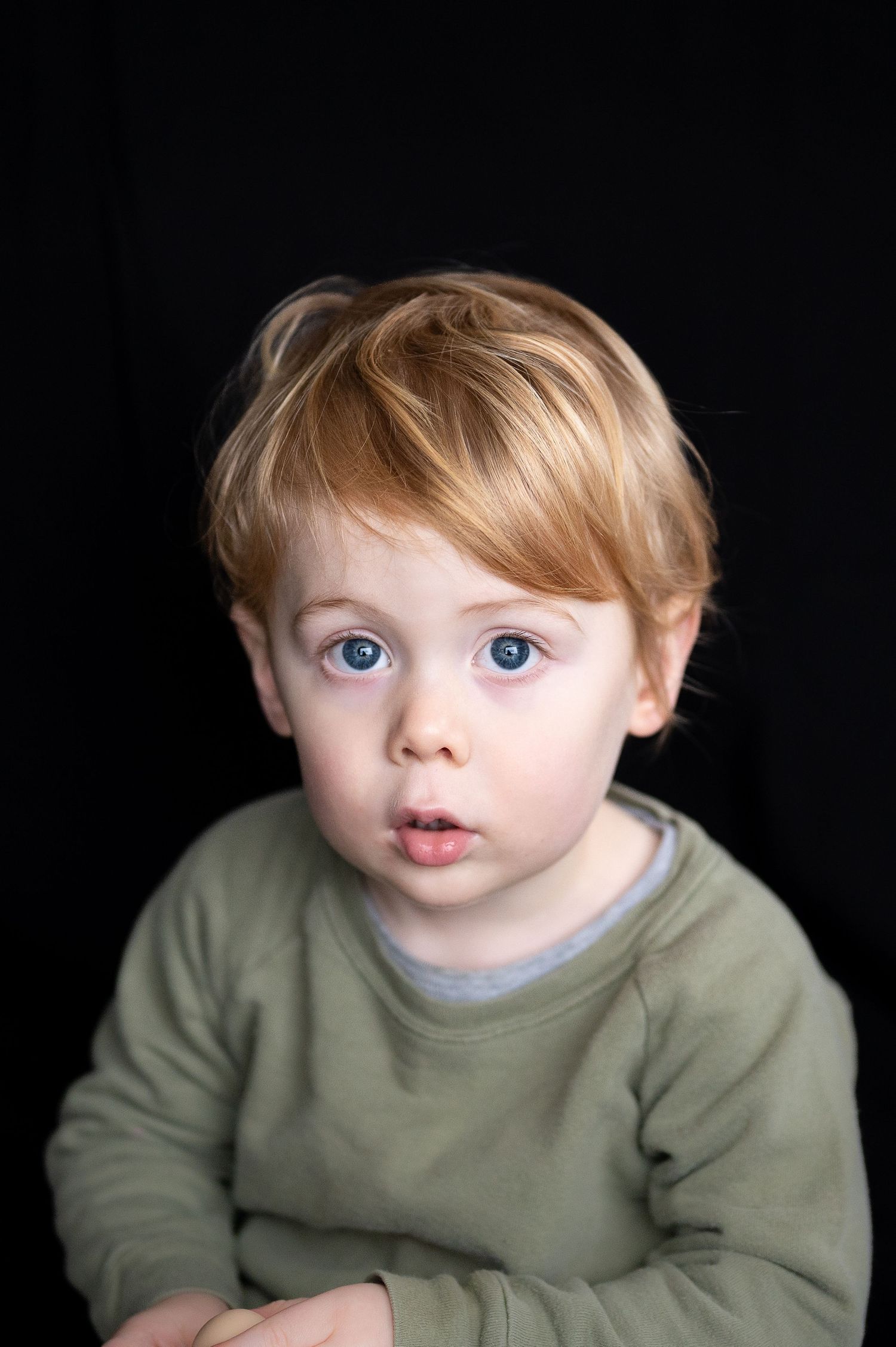 a toddler with red blonde hair sits for a portrait