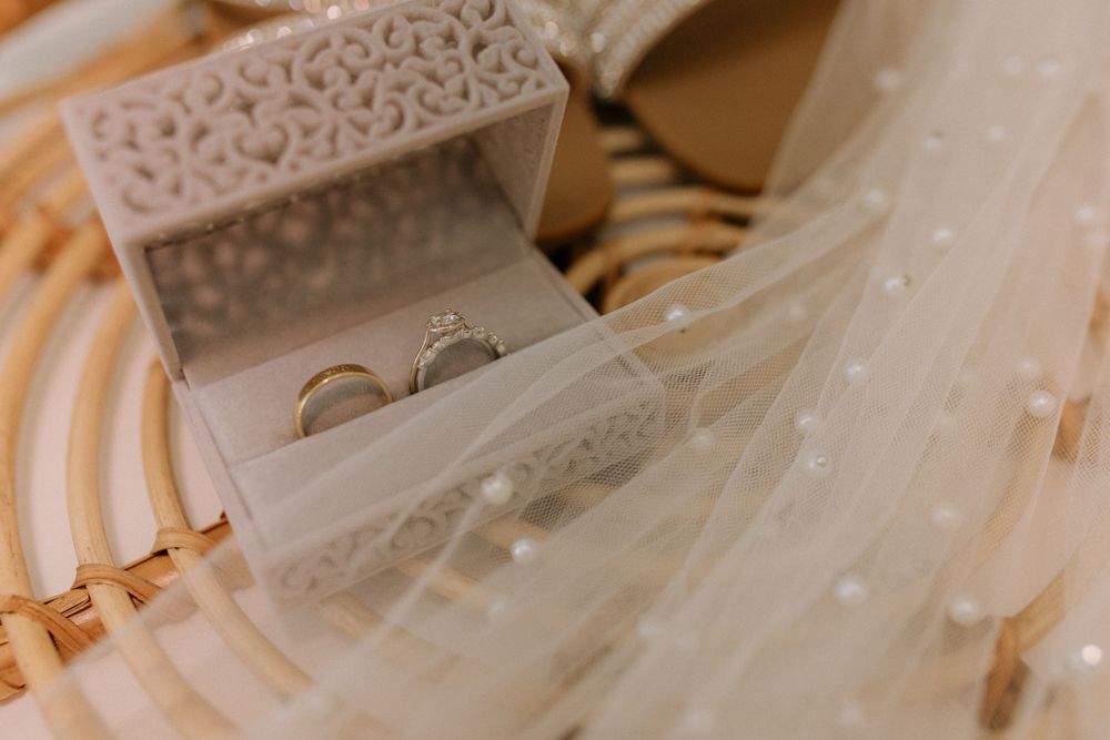 Delicate lace details and pearl embellishments adorn an elegant bridal gown and veil.