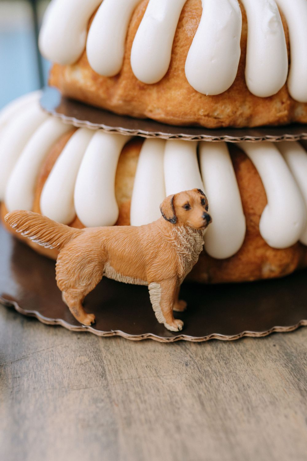 Small golden dog figurine displayed against stacked white-frosted bundt cakes on wooden surface.