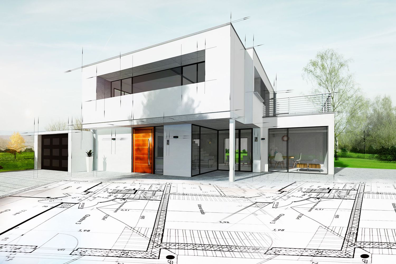 KI Immobilien Bild mit Elementen einer technischen Zeichnung