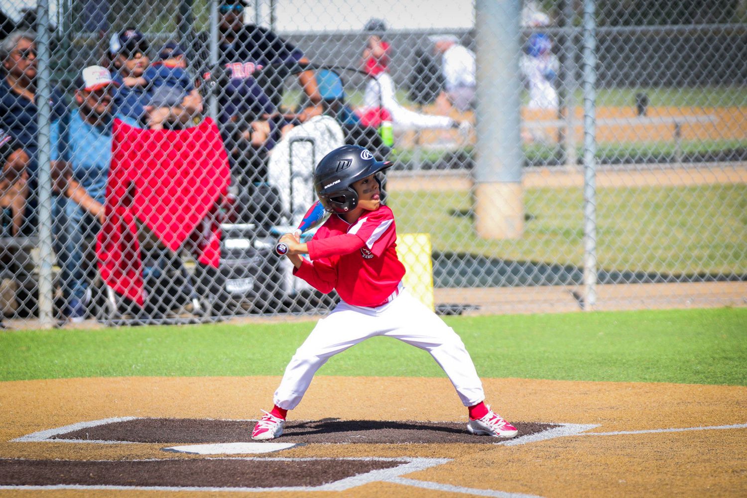 Young batter in red uniform takes stance at home plate during baseball game.