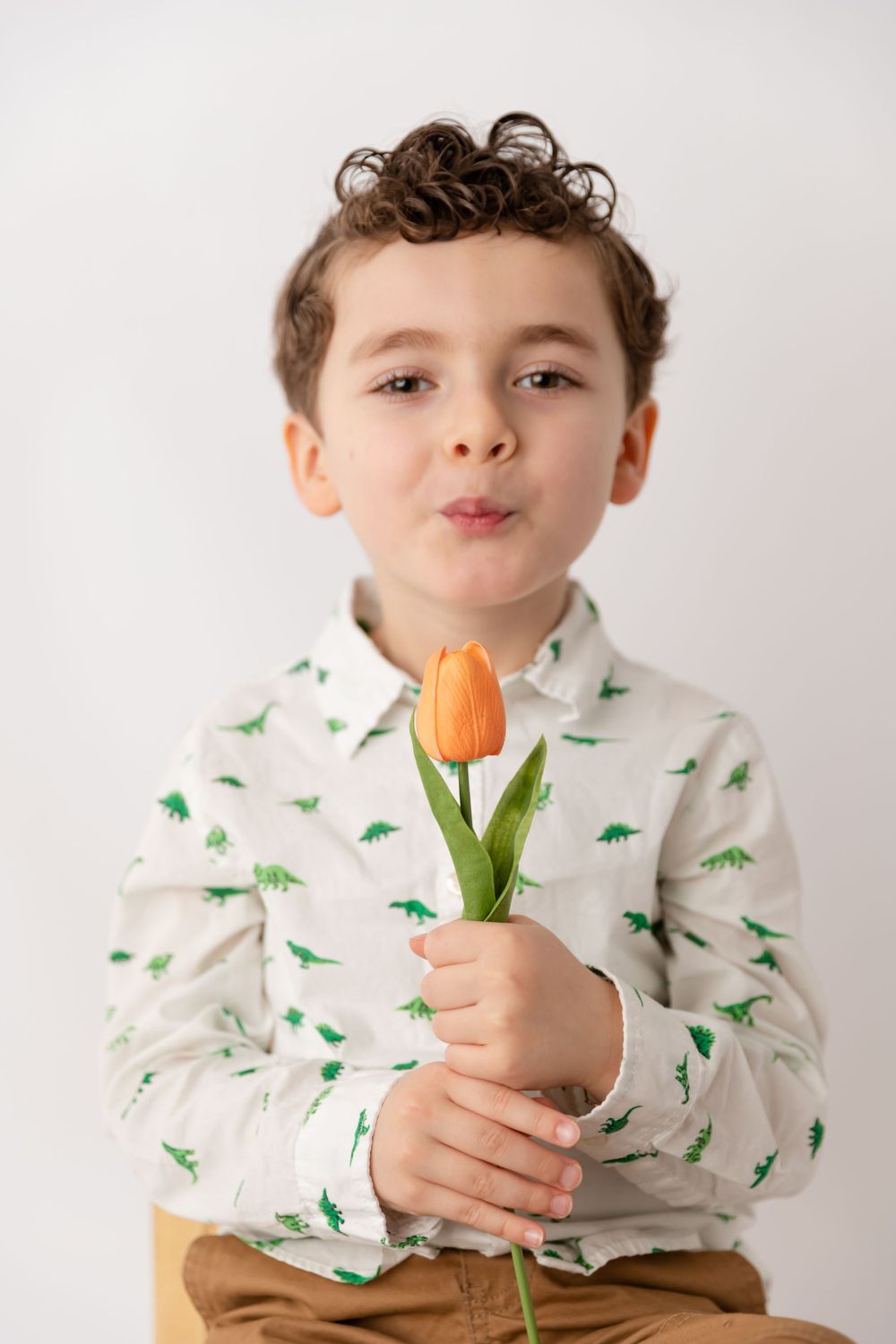Child wearing dinosaur print shirt holds orange tulip against white background.