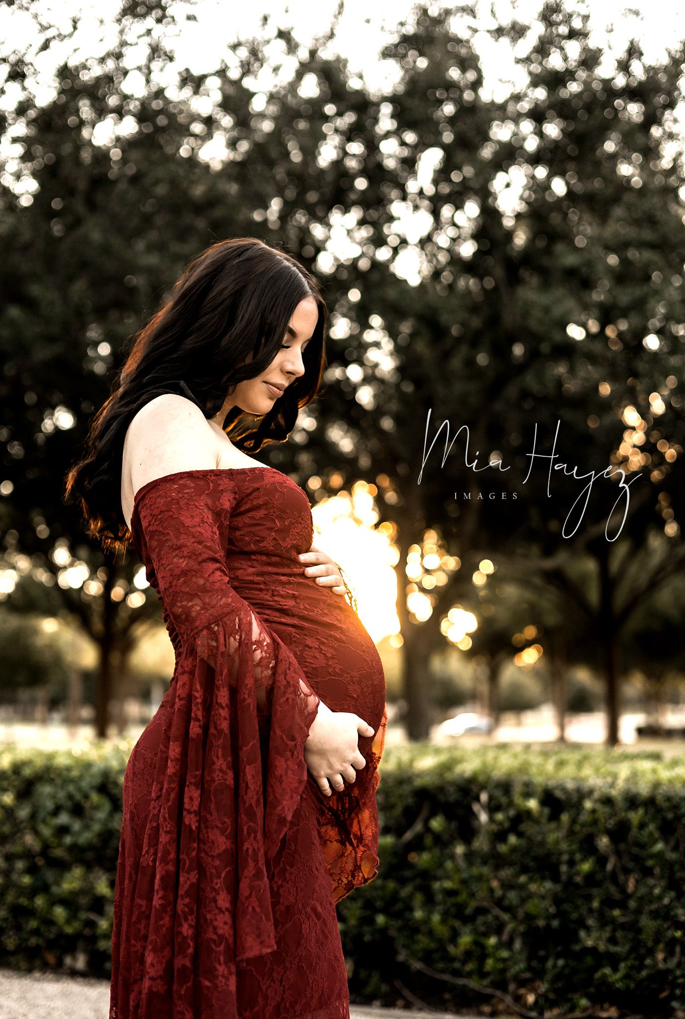 Maternity photo series in a burgundy lace dress at sunset in a garden setting.
