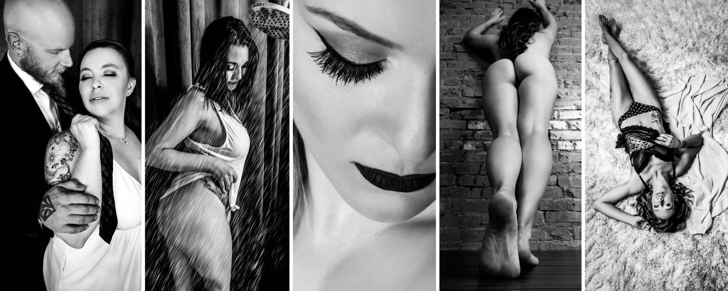 BOUDOIR BY ELISE PORTFOLIO BLACK & WHITE IMAGES- couple spooning, woman showering, close up of beautiful woman, and more