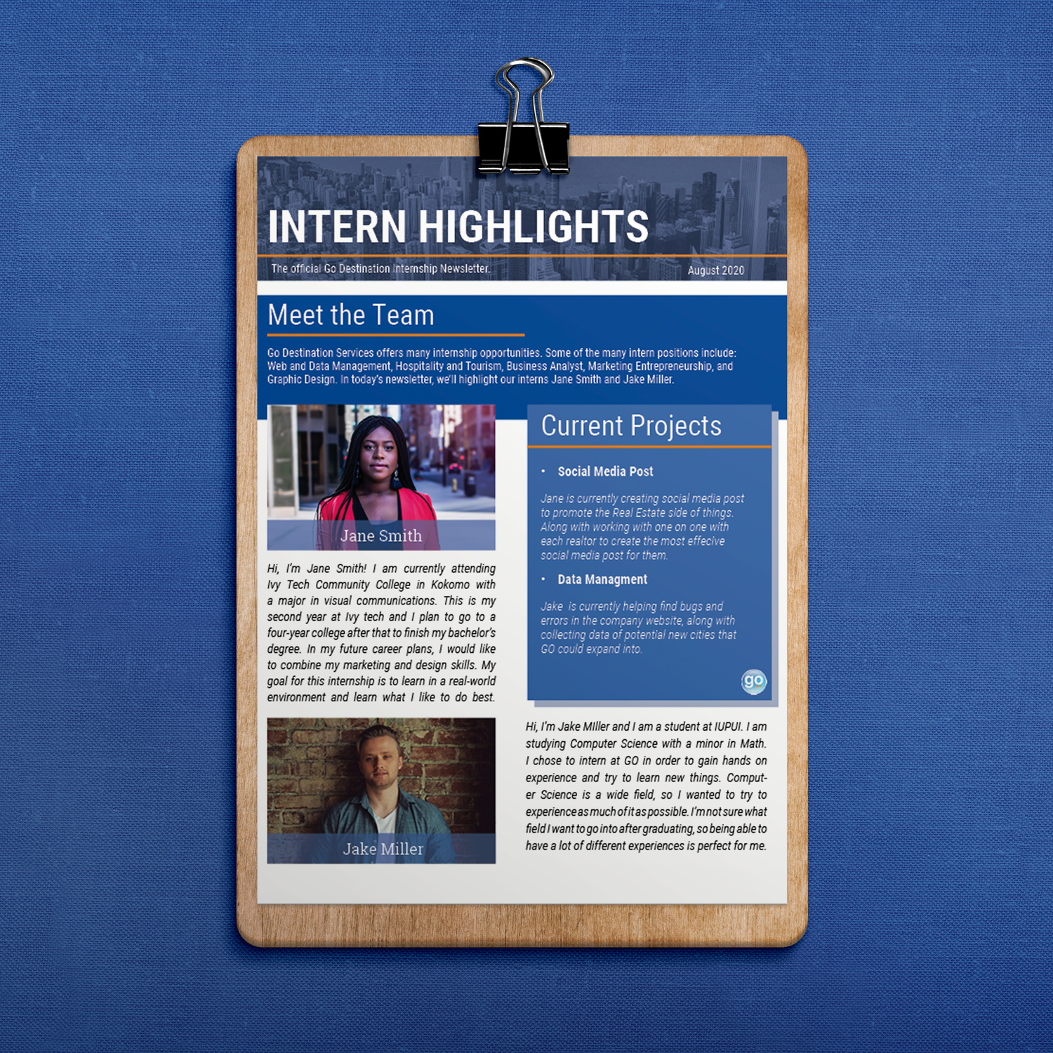 Professional website design mockup showing intern highlights section on blue background.