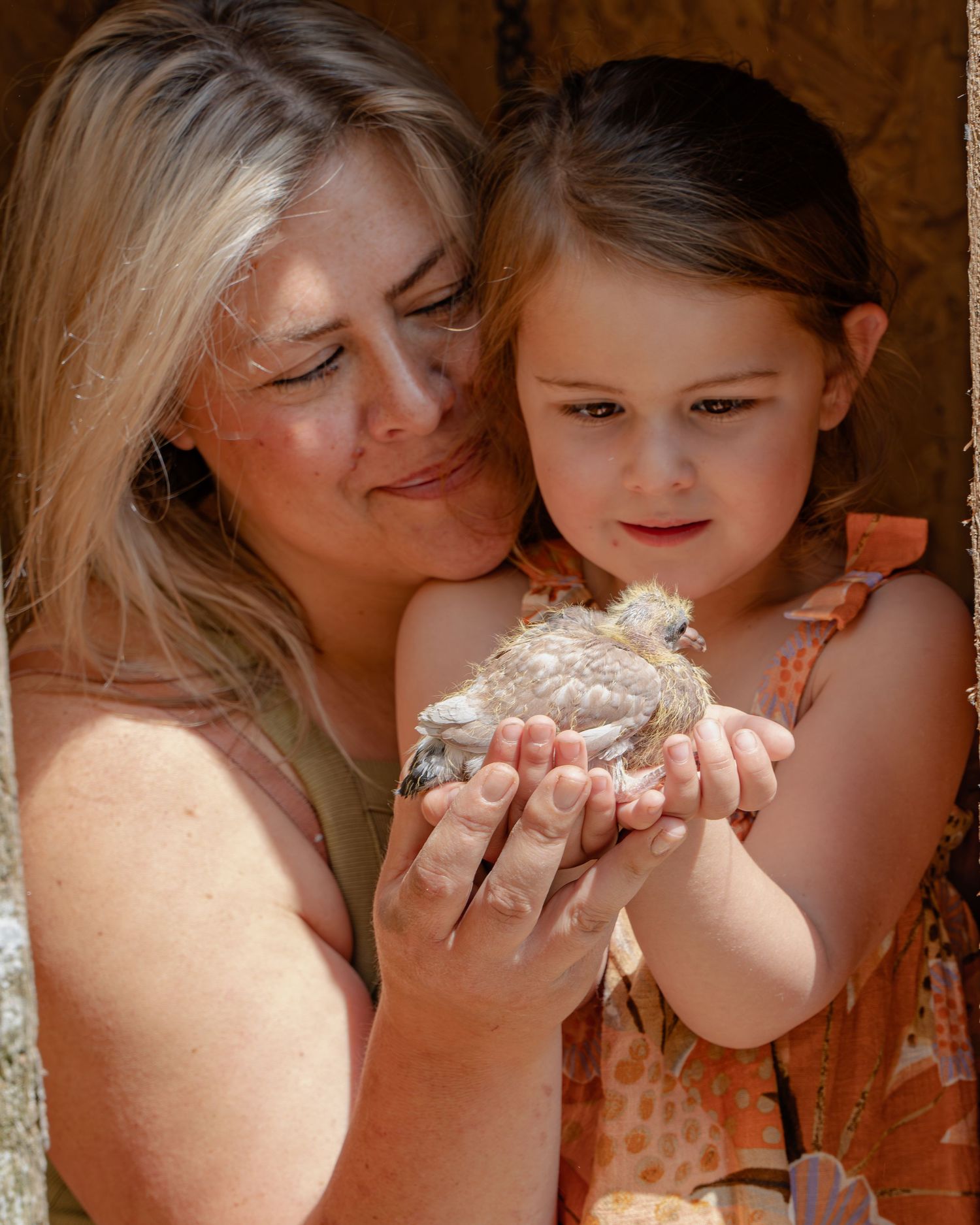 Sweet mother and daughter moment sharing something in their hands in warm sunlight.
