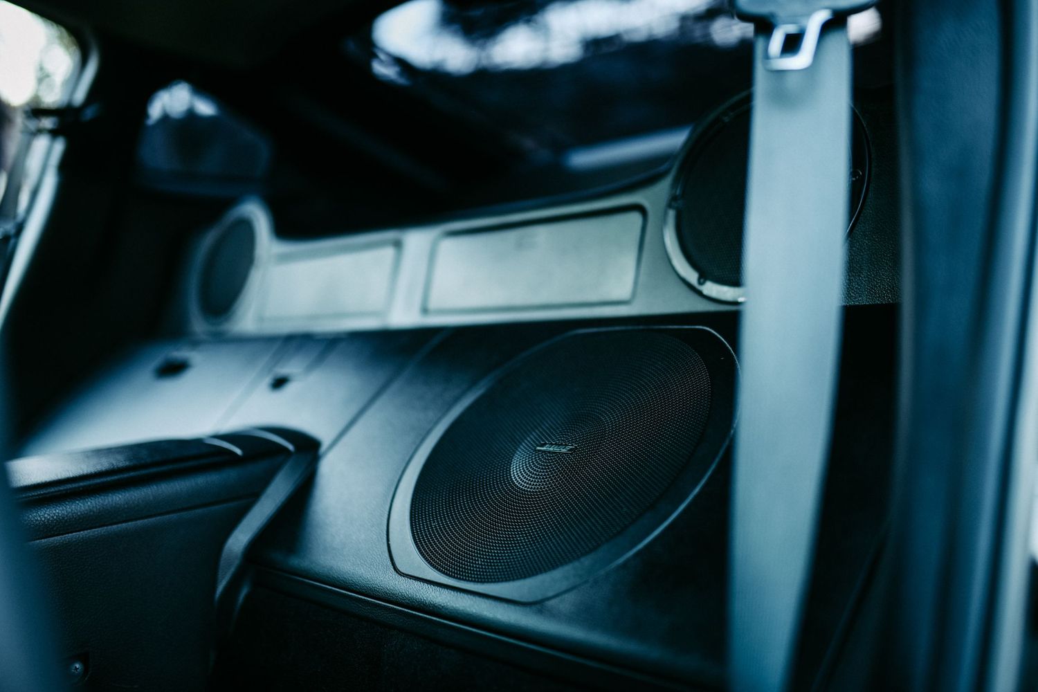 Car audio speaker mounted in custom panel inside vehicle door.