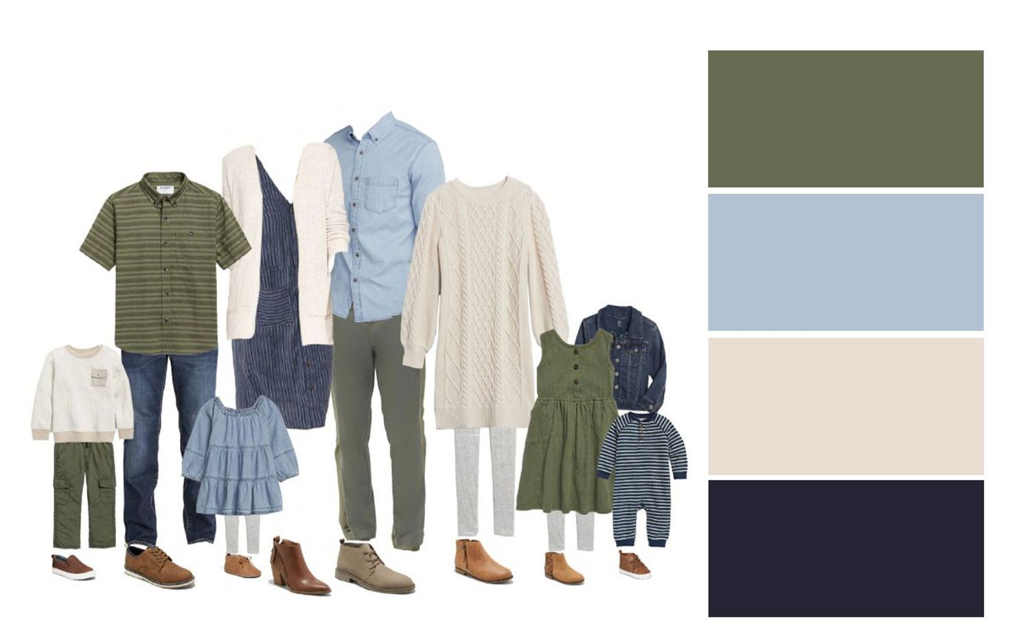 Family photo wardrobe in olive green, light blue and neutral tones with coordinating casual pieces.
