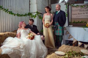 bridal party posing for a photo