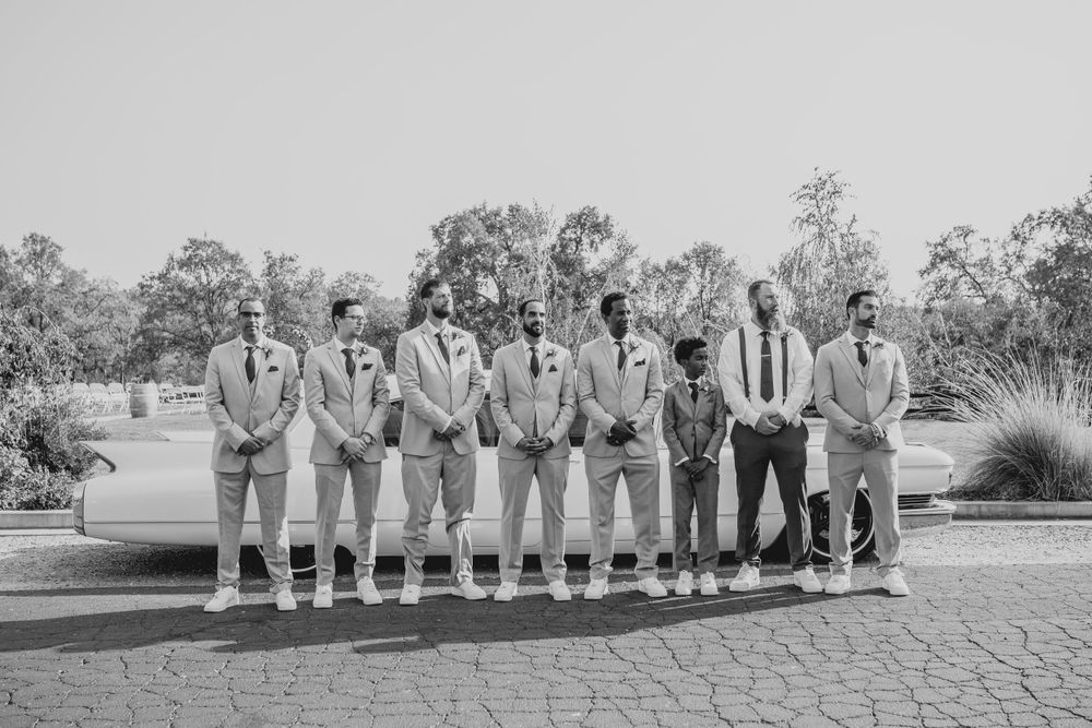 Wedding party in gray suits lined up for group photo against natural backdrop.