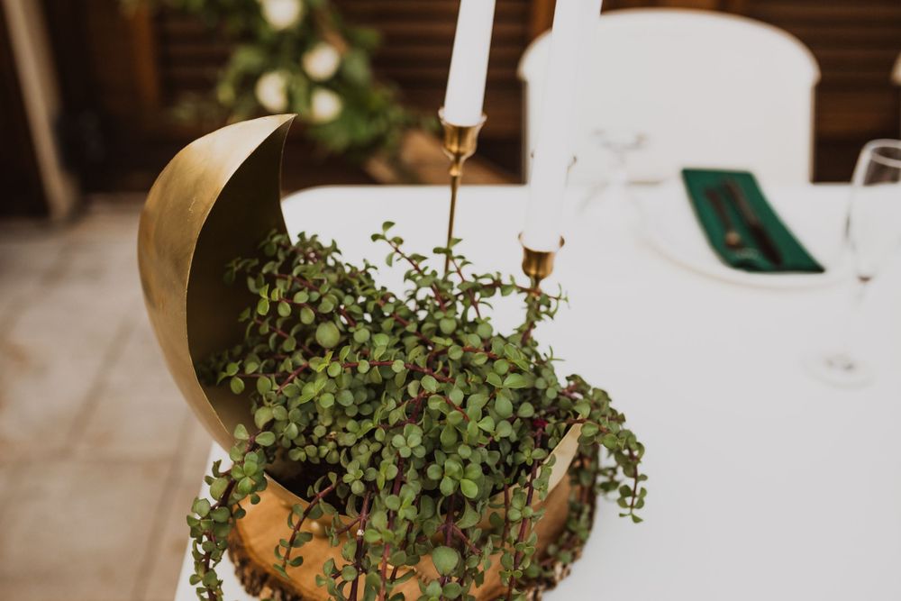 Gold decorative moon planter with cascading green plants on wedding table.