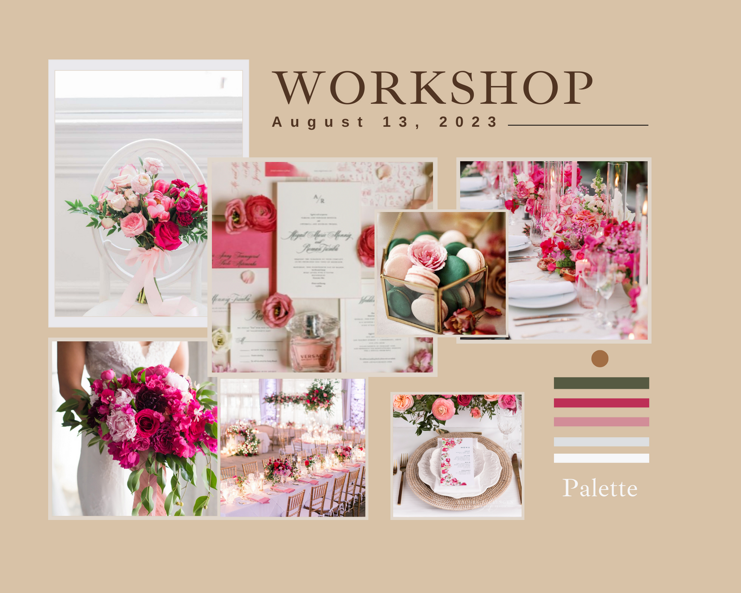 Wedding workshop branding board featuring pink florals and elegant design elements.