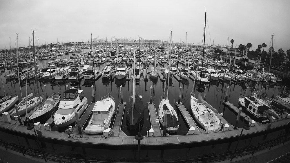 Black and white fisheye aerial view of crowded marina filled with sailboats and yachts.