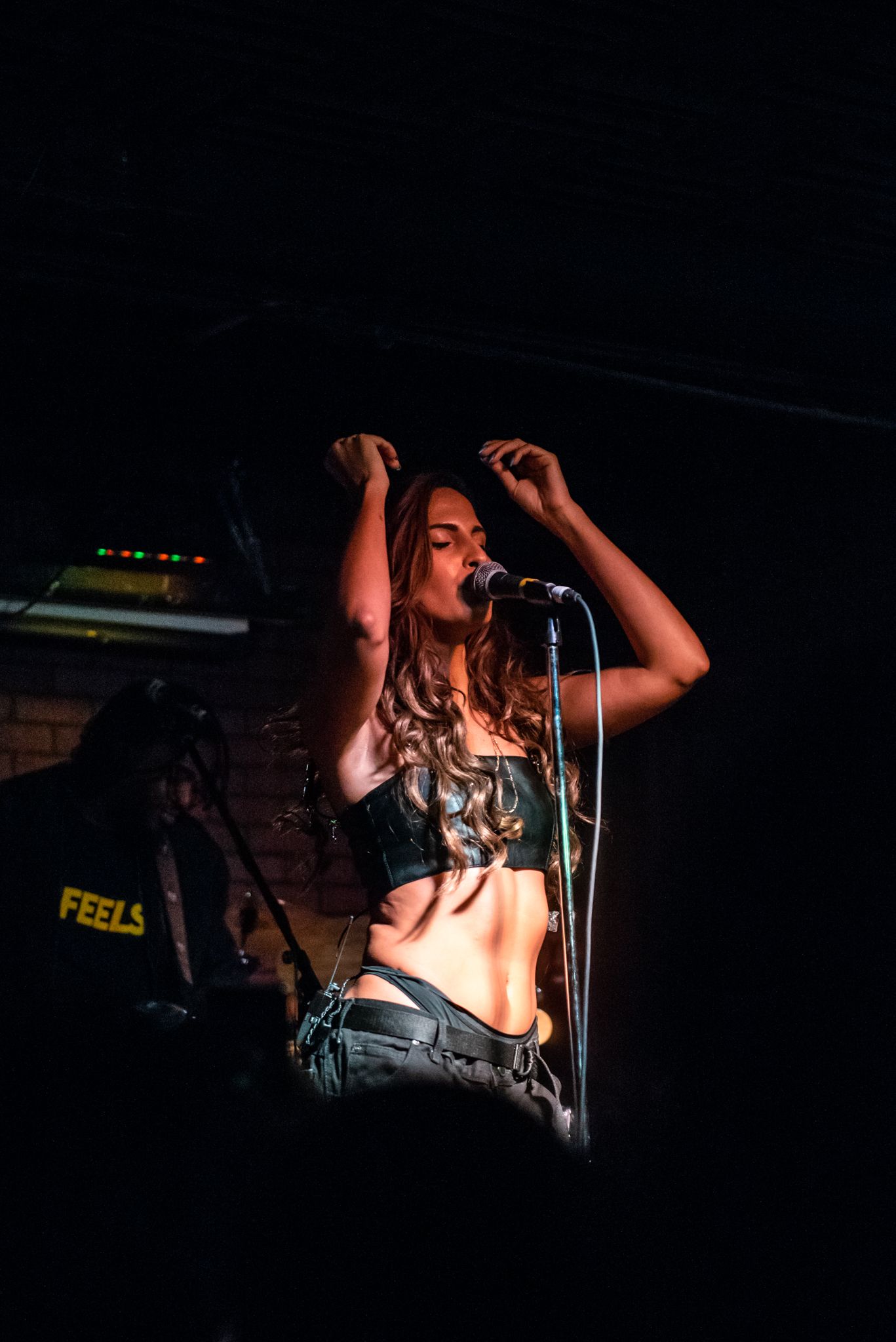 A singer performs energetically on stage wearing denim and a crop top under dramatic spotlights.