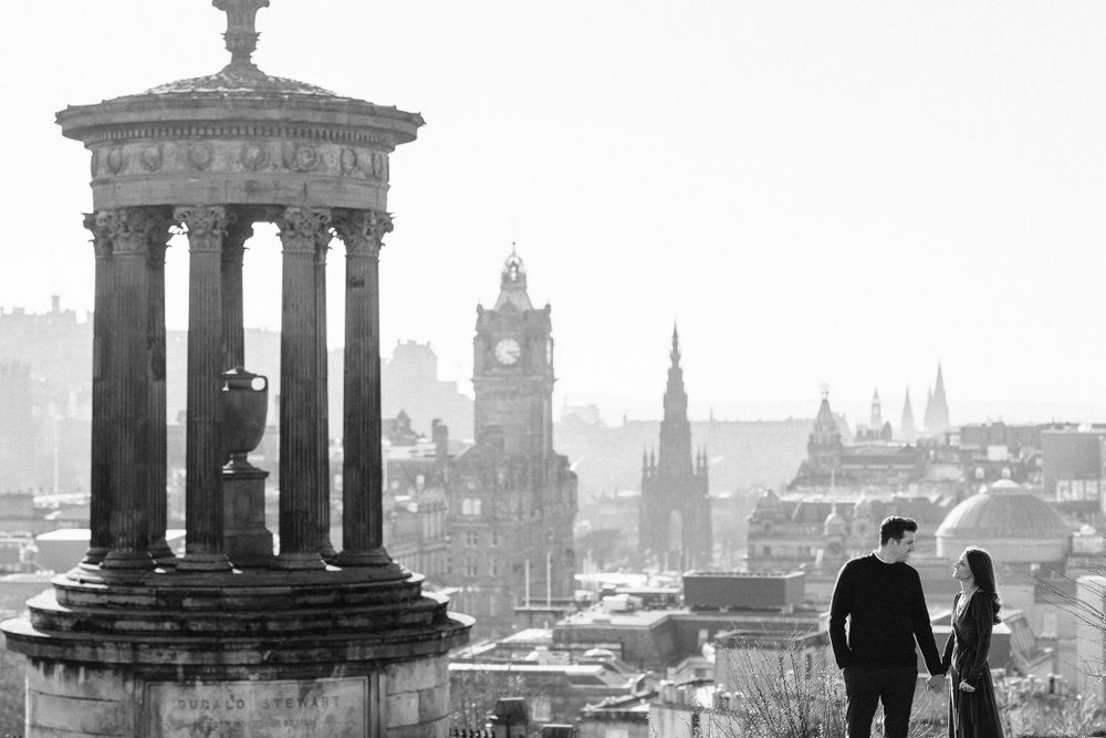 Edinburgh city skyline with a gorgeous couple posing in the foreground