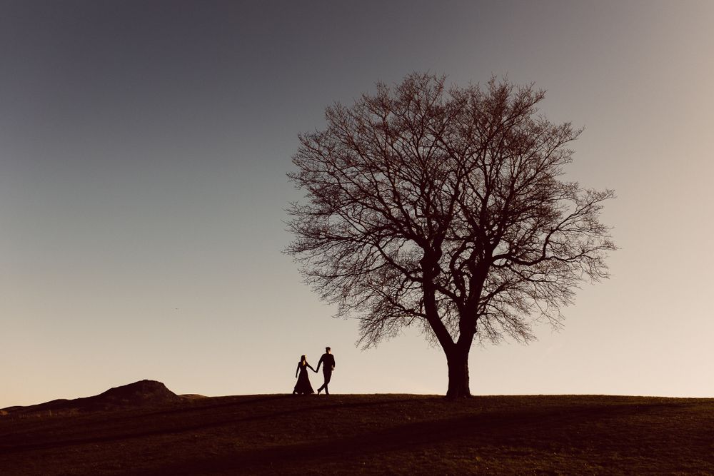 silhouette of a couple walking and holding hands next to a big tree and Arthurs seat in Edinburgh