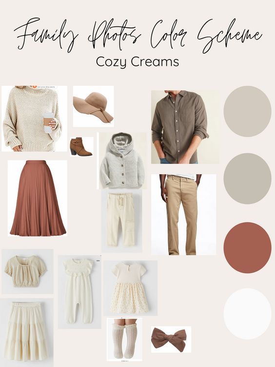 Fashion mood board featuring cozy cream and earth-toned clothing items with straw hat and boots in a cohesive family photo style.