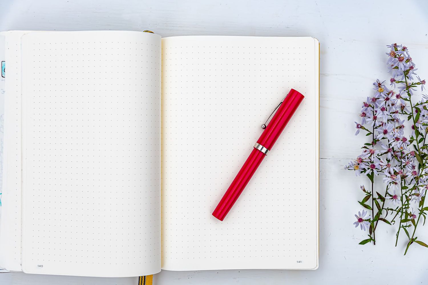 A blank open notebook with red pen and purple flowers on white surface.
