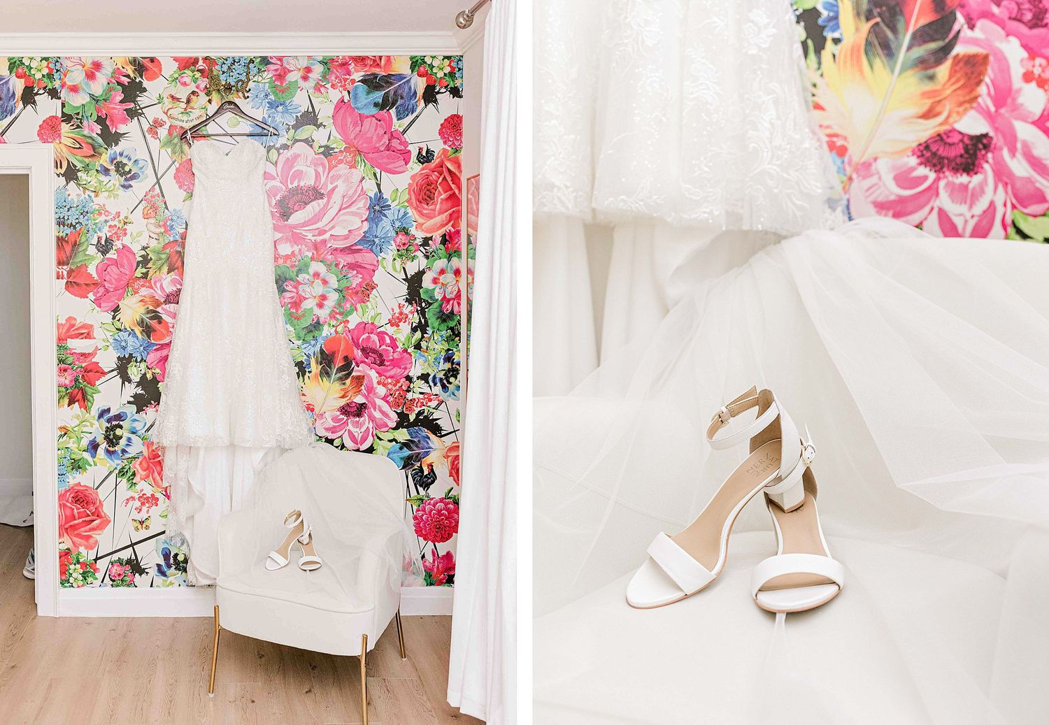 White wedding dress hanging against floral wallpaper and elegant white heels on wooden floor.