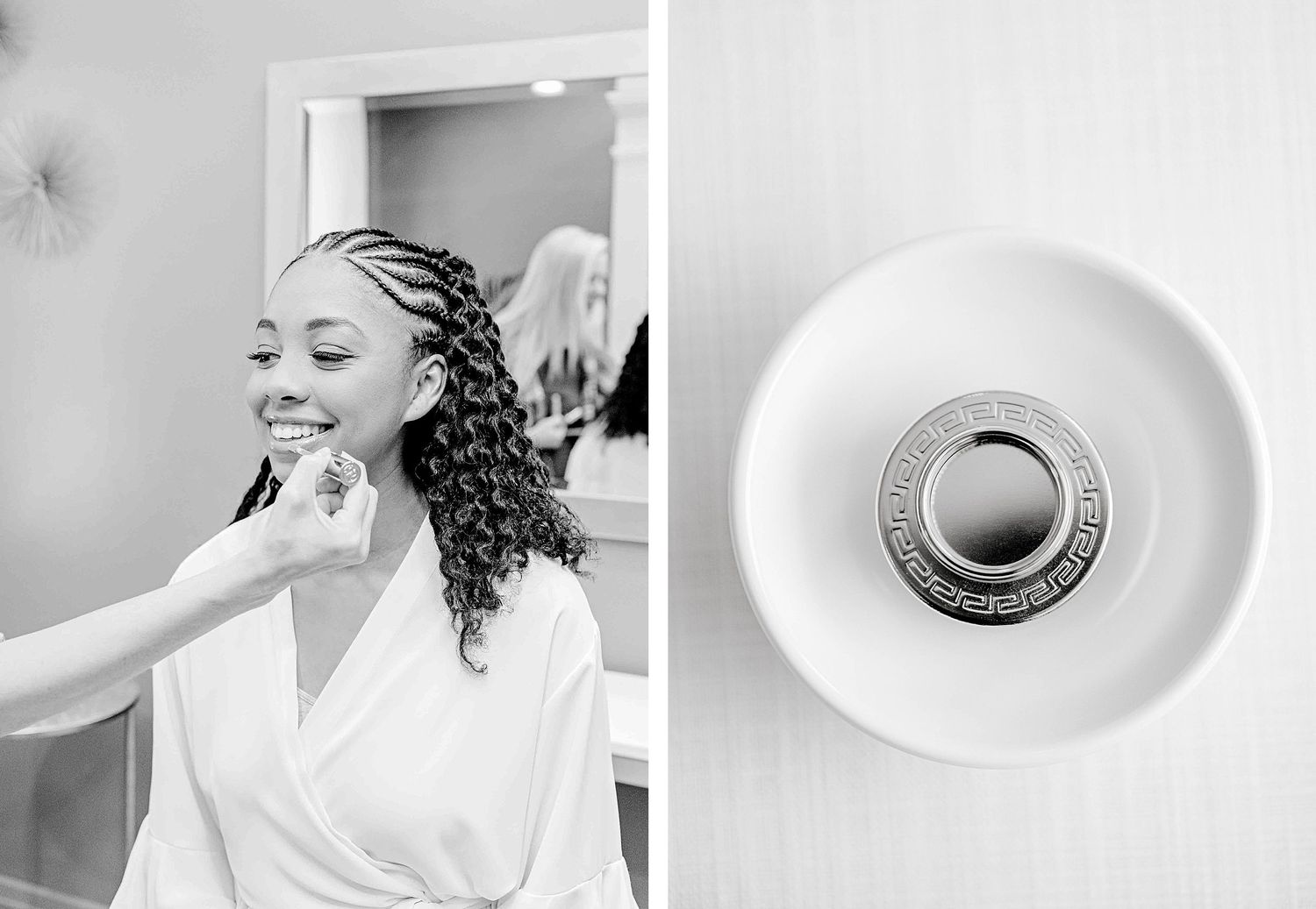 Black and white diptych of getting ready moments and modern interior detail.