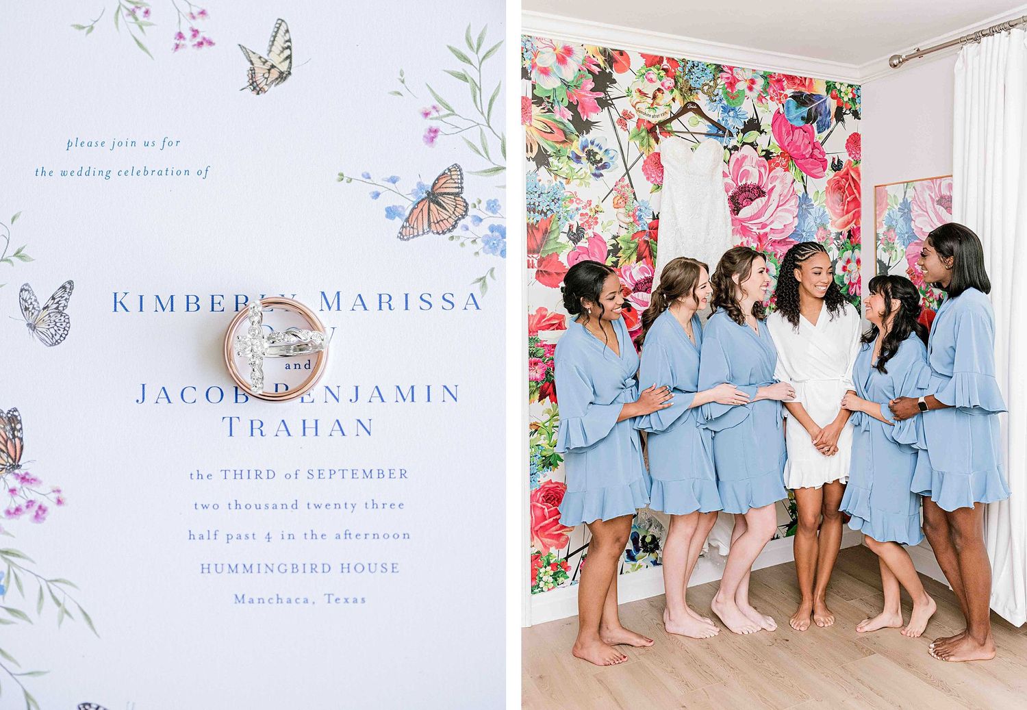 Wedding invitation and group photo collage with bridesmaids in light blue robes.