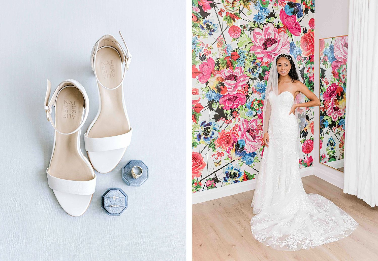 Elegant white bridal shoes next to a lace wedding gown against a vibrant floral backdrop.