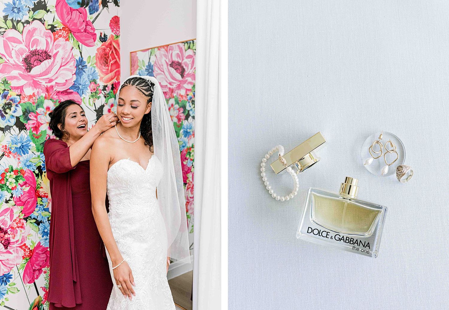 Wedding accessories including perfume bottle, pearls and getting ready scene against floral backdrop.