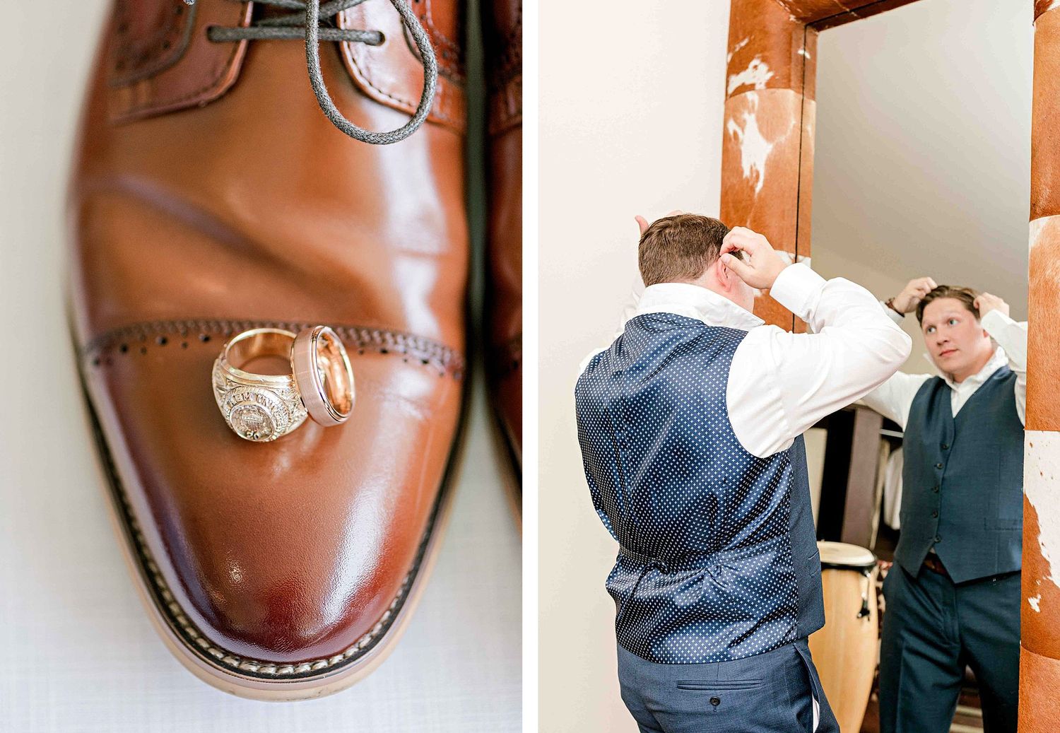 Wedding ring detail on brown leather shoes and groom preparation scene.