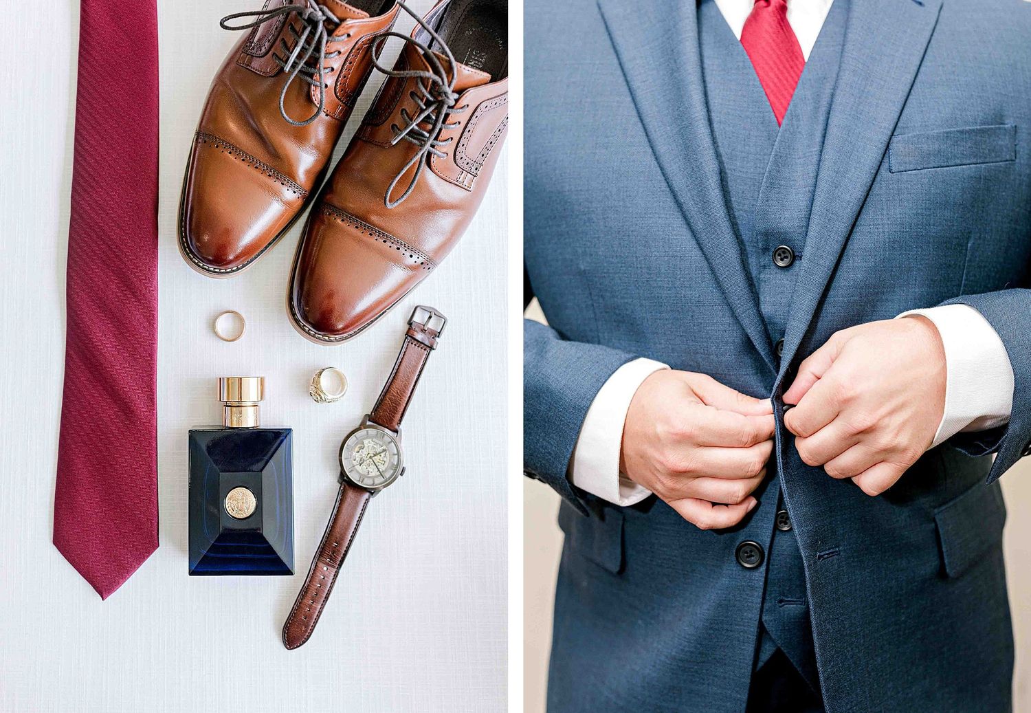Groom accessories including brown shoes, red tie, and watch laid flat beside suited figure.