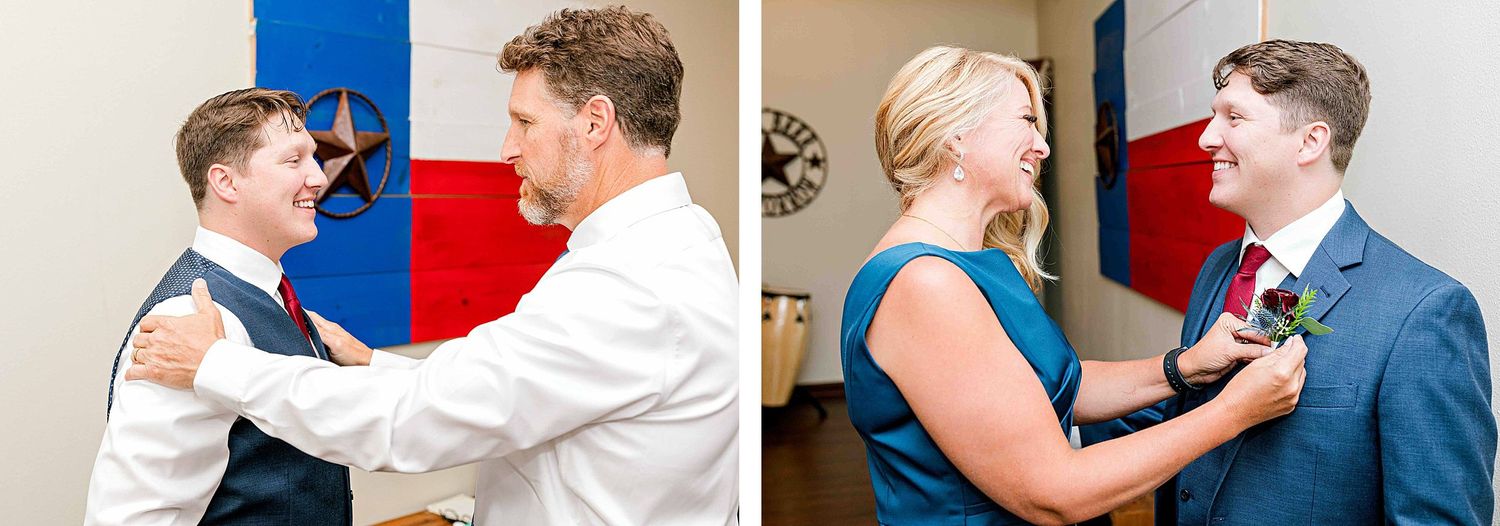 Wedding preparation moments with formal attire adjustments.
