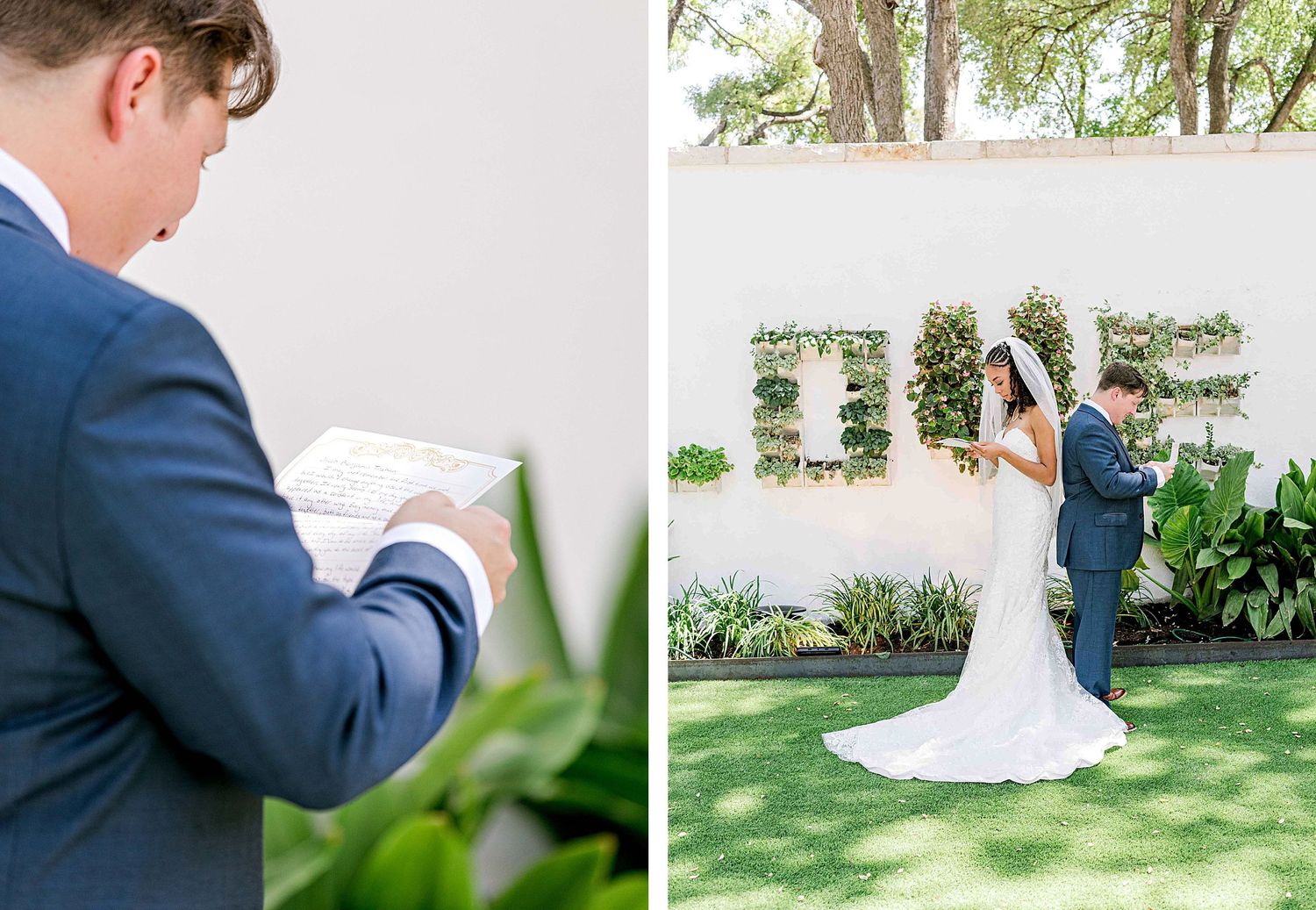 Wedding couple exchanging vows in front of a decorative LOVE sign in a garden setting.