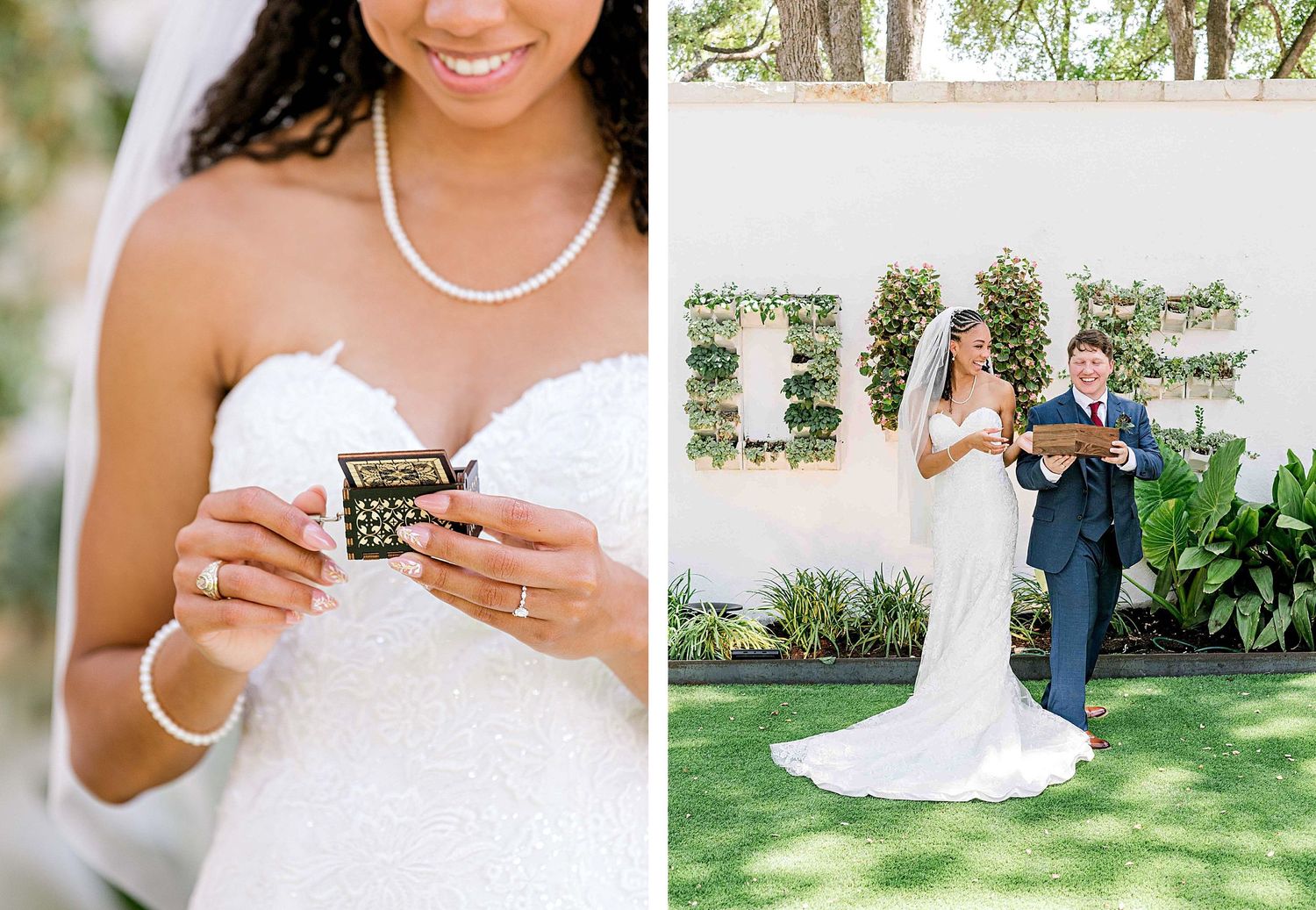 Split image showing wedding details and ceremony in front of a decorative LOVE sign.