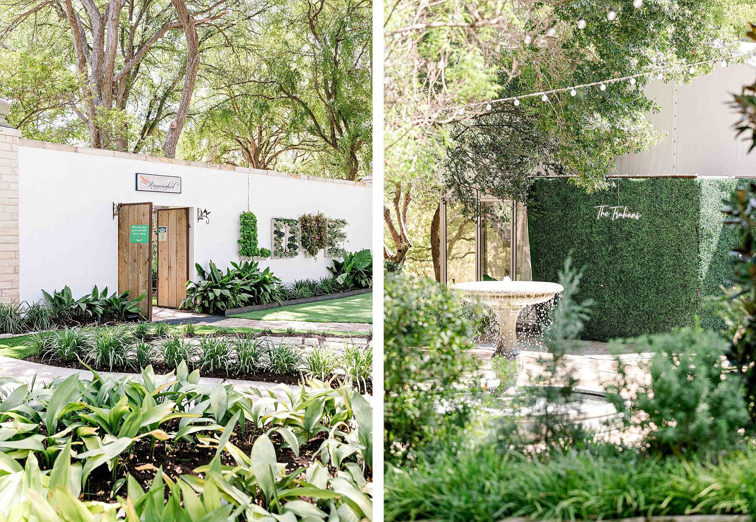 Garden wedding venue features with white walls and lush landscaping.