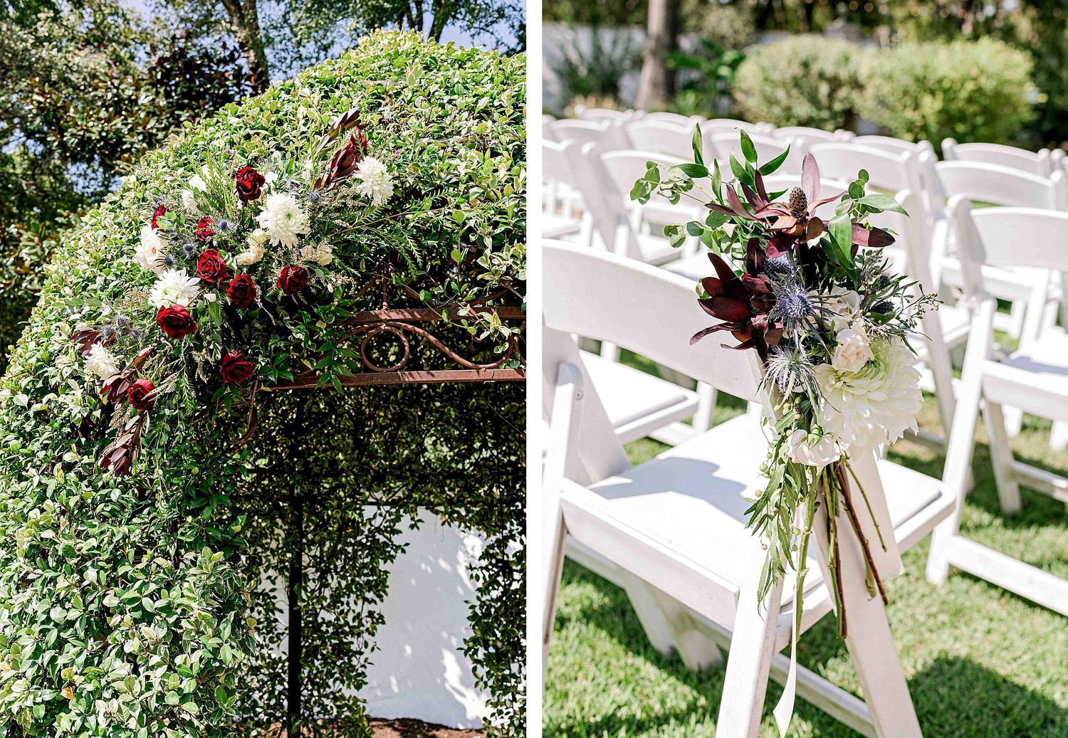 Wedding ceremony decor featuring floral arrangements and white garden chairs.
