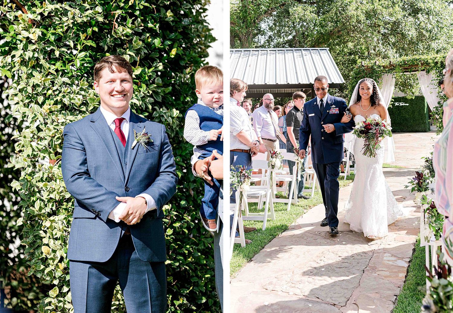 An outdoor wedding ceremony with attendants and guests gathered under a garden archway.